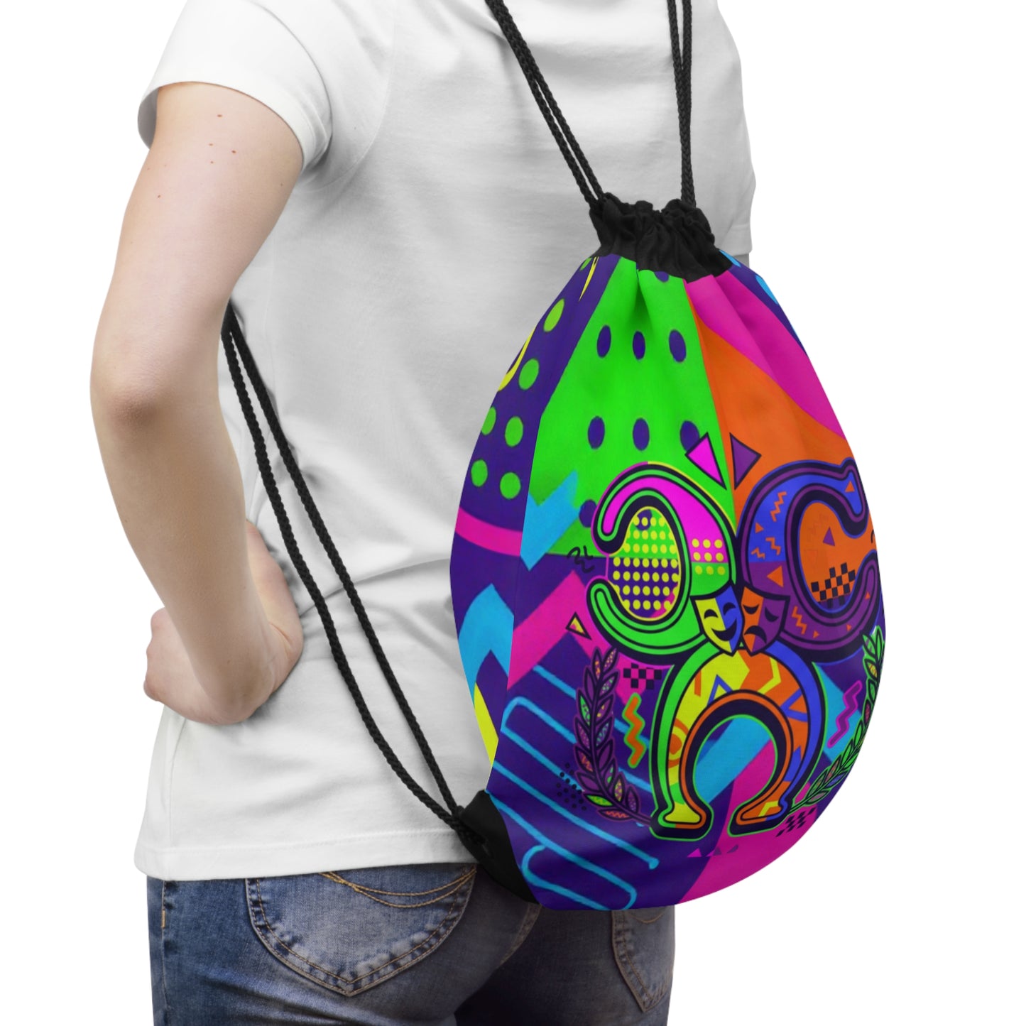 Neon Retro Geometric Drawstring Bag