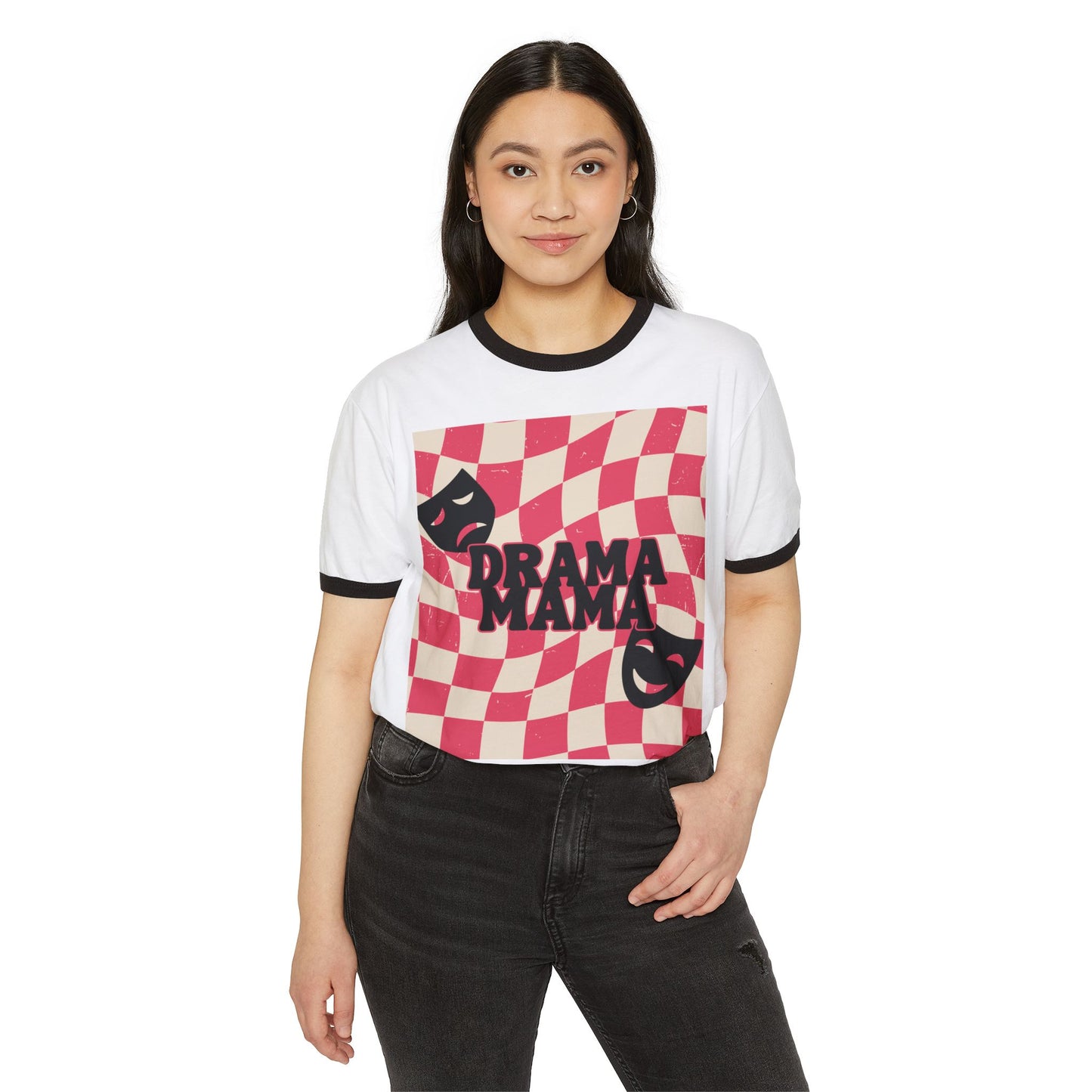 Drama Mama Ringer Tee — Retro Checkerboard Theater Mask T‑Shirt