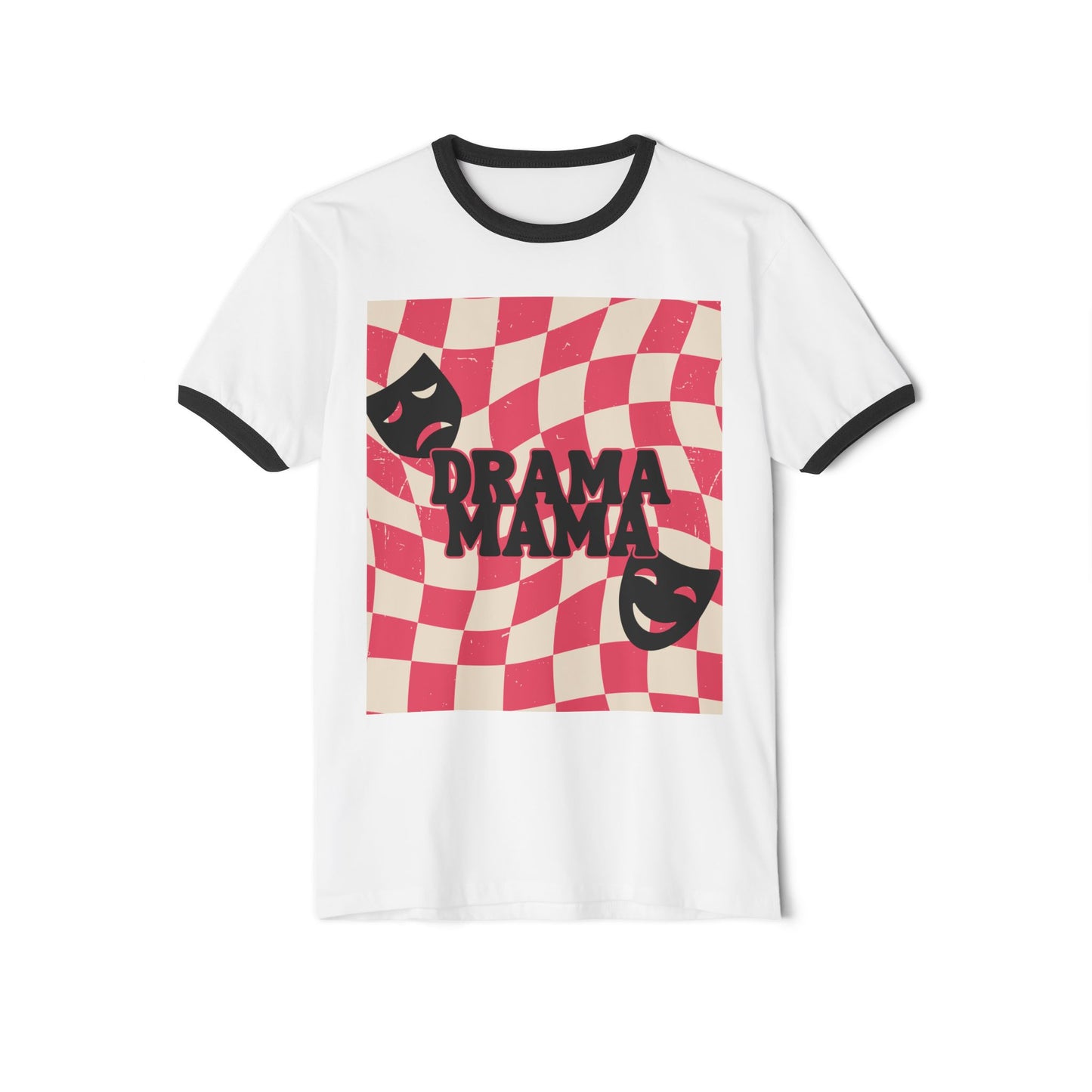 Drama Mama Ringer Tee — Retro Checkerboard Theater Mask T‑Shirt
