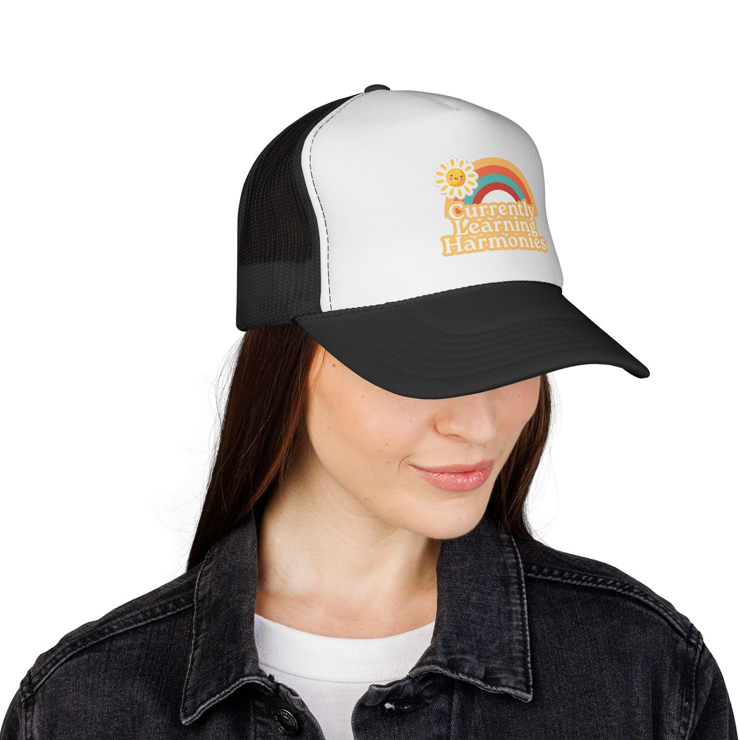 Trucker Cap — "Currently Learning Harmonies" Retro Rainbow Music Teacher Hat
