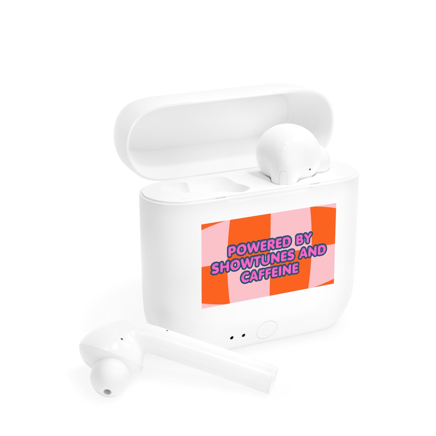 Wireless Earbuds — "Powered by Showtunes and Caffeine" Colorful Case